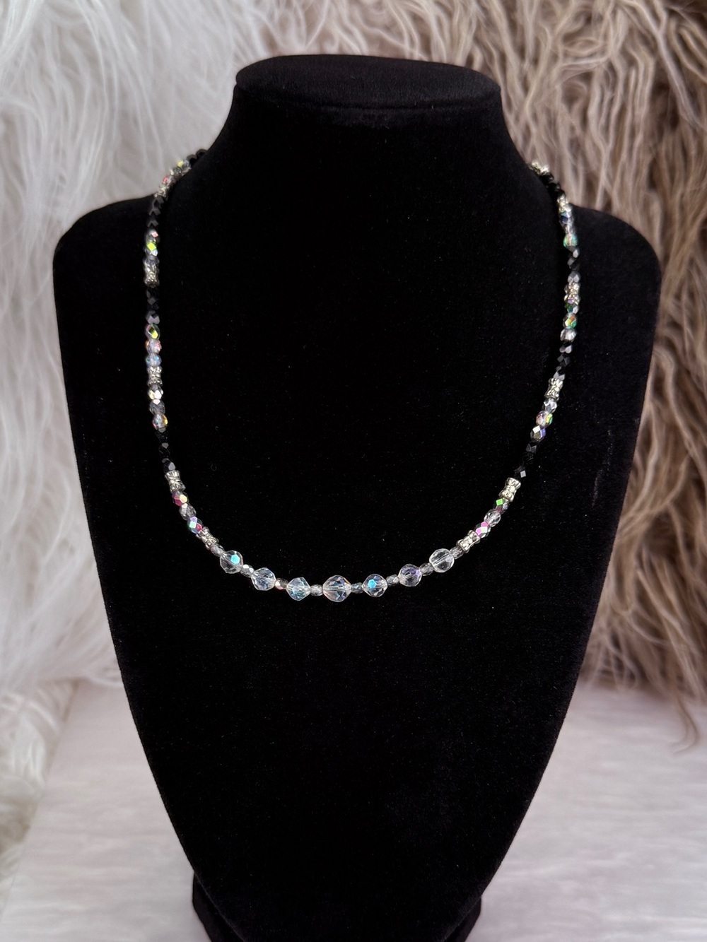 Vintage Black & Aurora Faceted Bead Magnetic Clasp Necklace